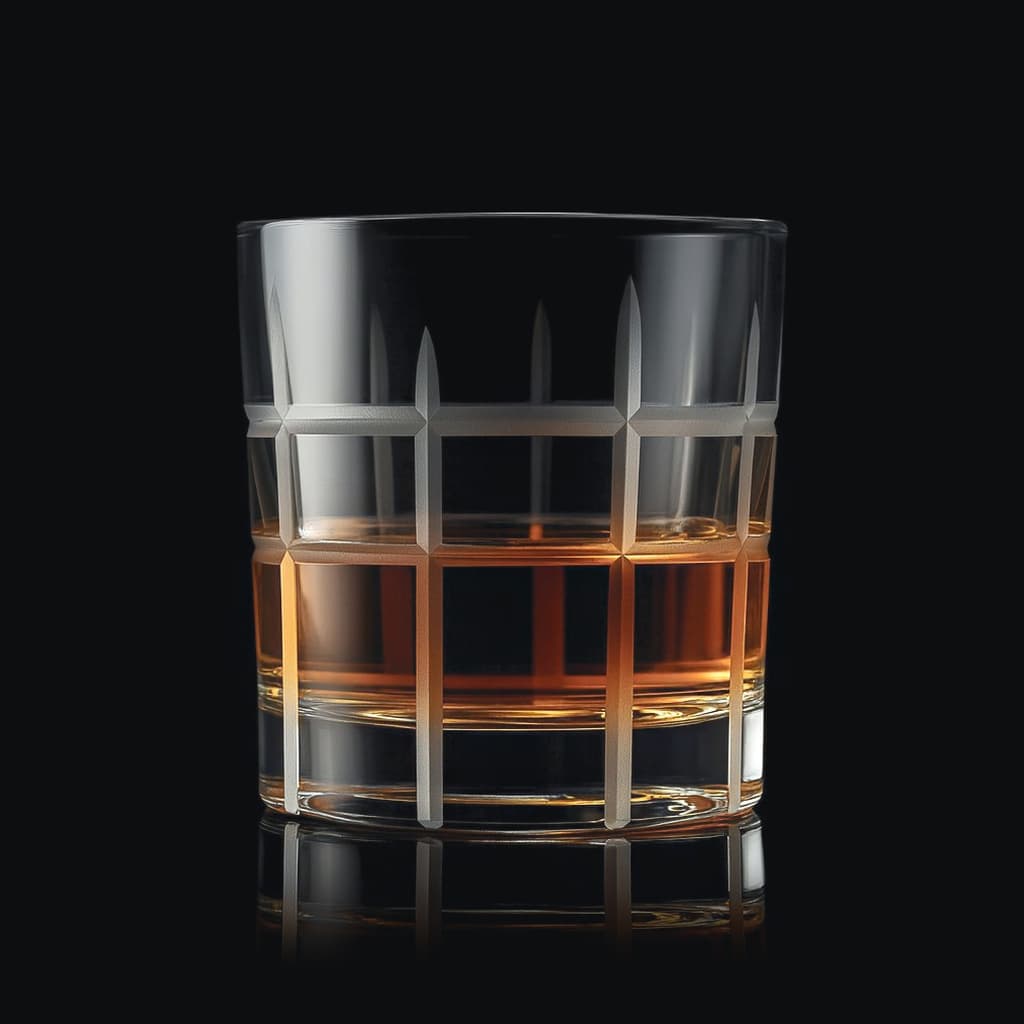 SHTOX Meridian Matte tumbler with whisky, on black