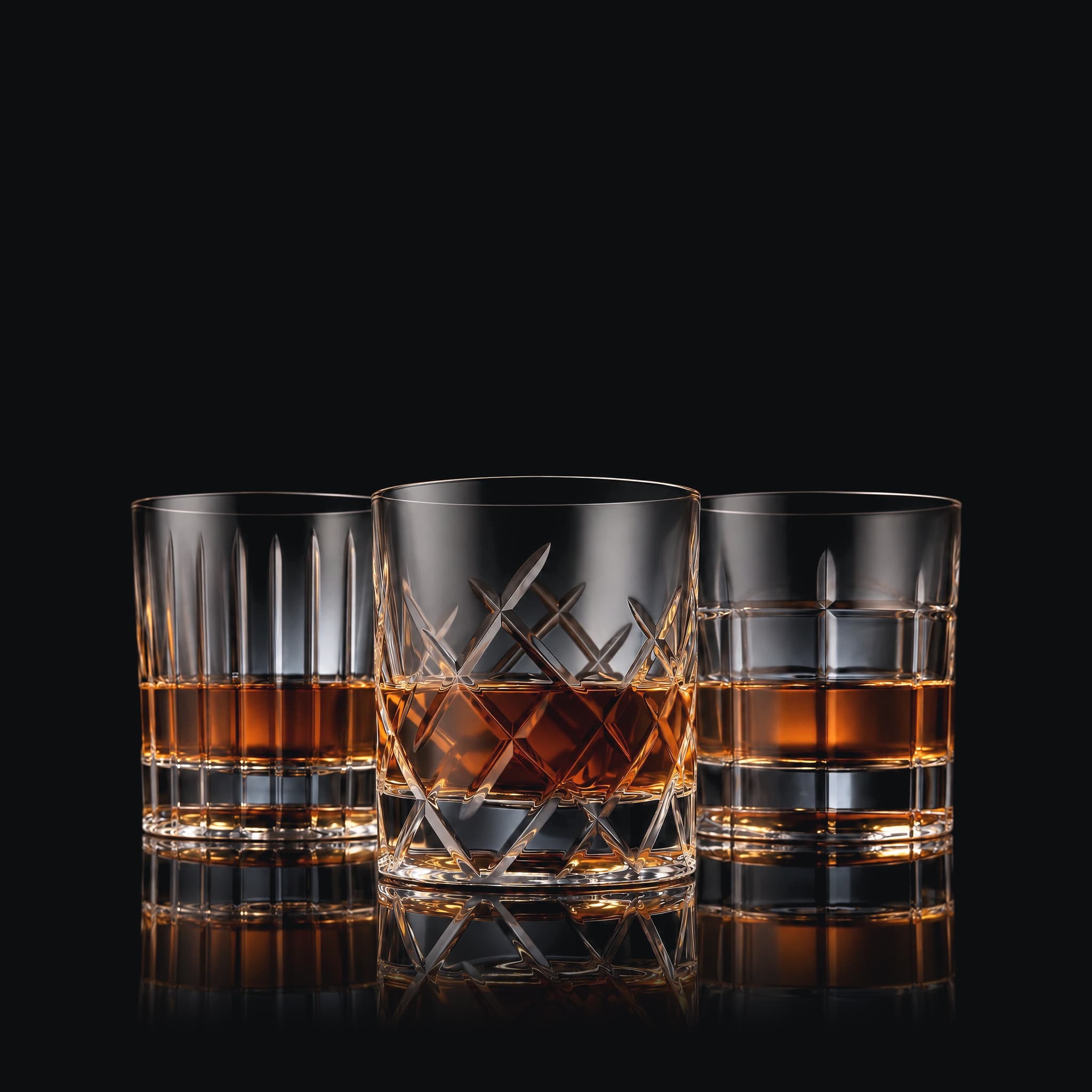 The SHTOX Imperial set: Empire, Crown and Meridian tumblers with whisky, on black