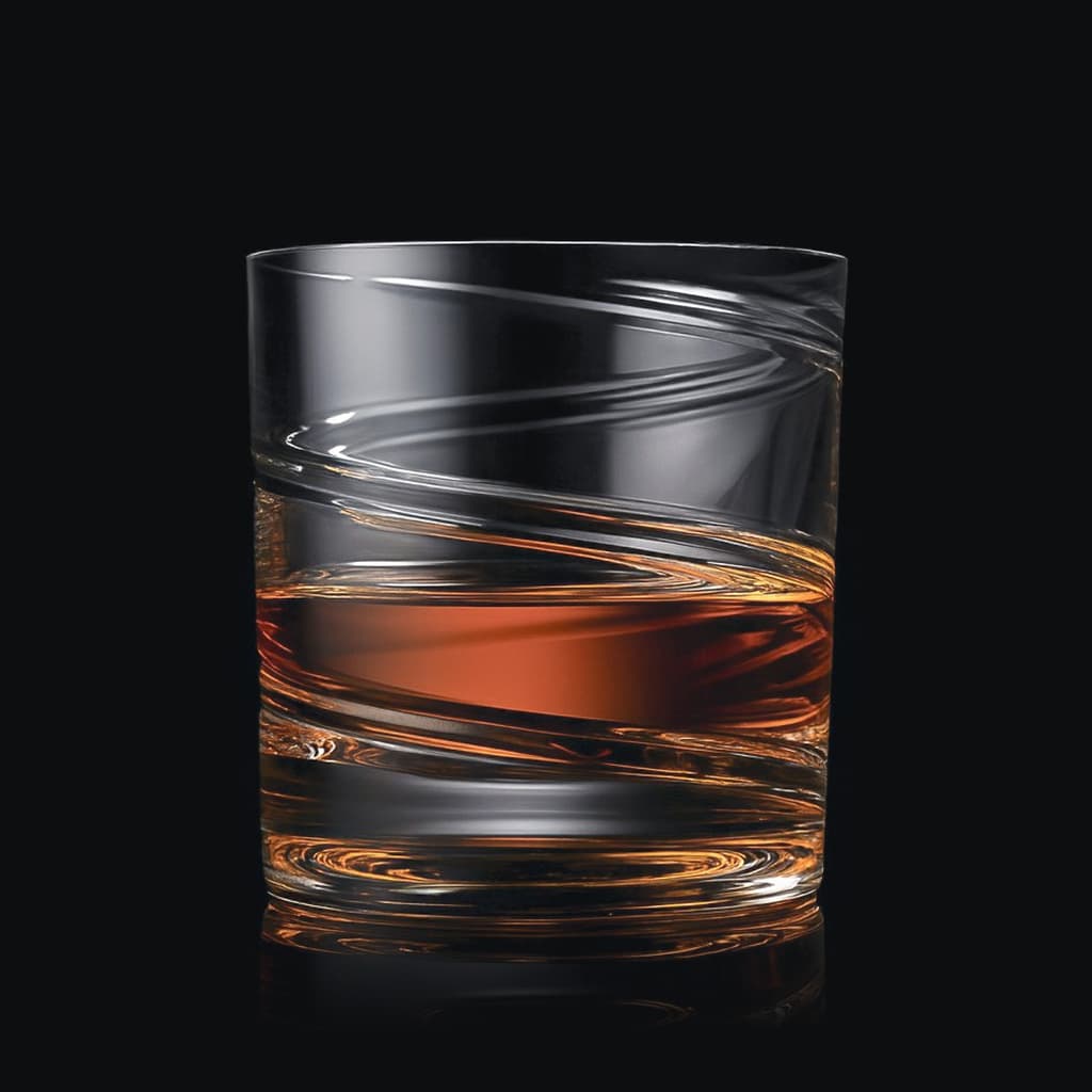 SHTOX Vortex tumbler with whisky, on black